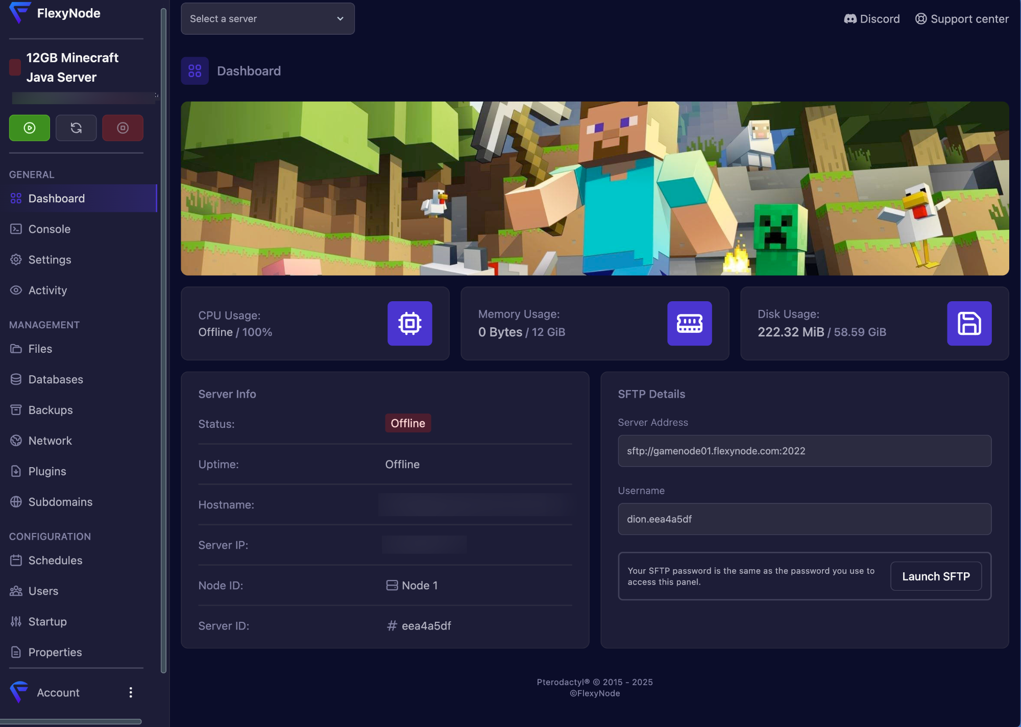 FlexyNode custom game control panel interface showing server management, resource monitoring, and console access for GTA RP FXServer hosting