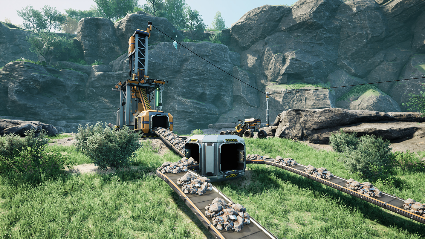Satisfactory miner with conveyor belts carrying ore through nature