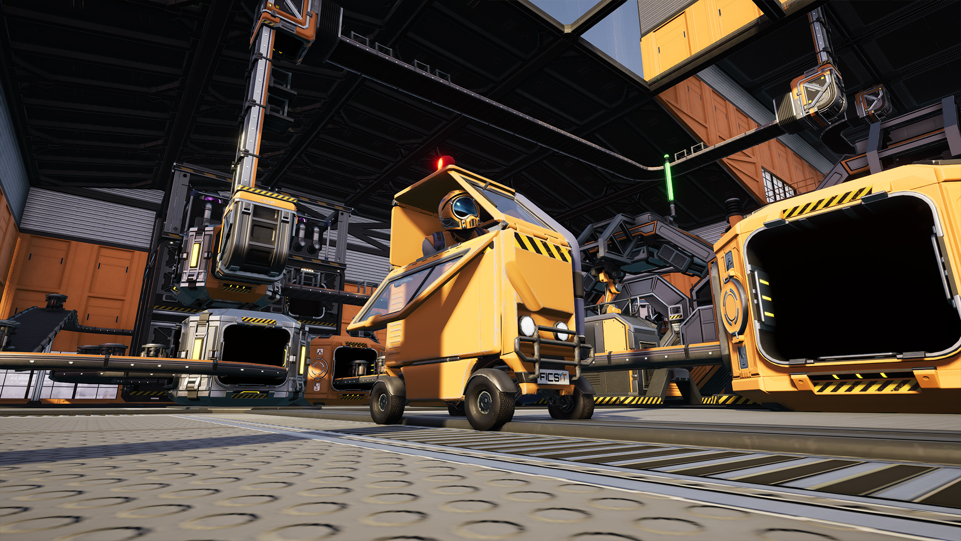 Satisfactory factory trucks and vehicles inside an industrial warehouse